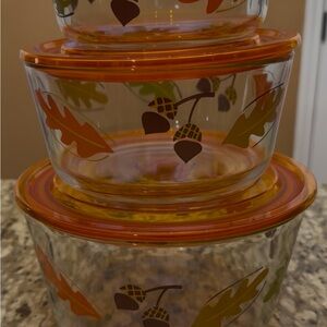 Autumn Leaf Glass Storage Bowl Set with Orange Lids